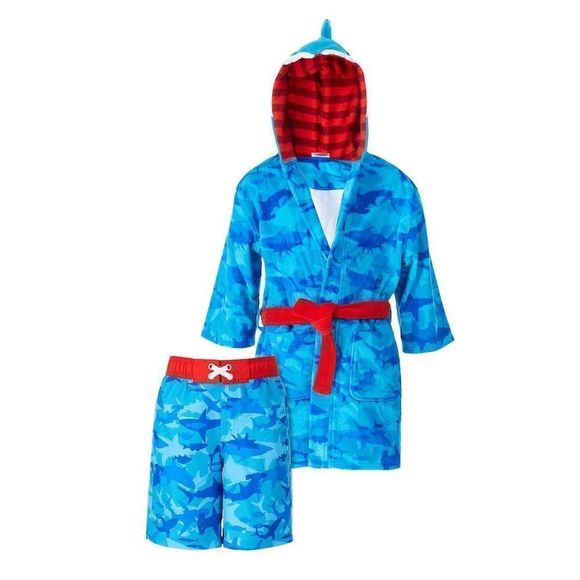 SAINT EVE Youth Boys Shark Beach CoverUp Robe  & UPF50 Swim Trunk 2Piece Set - - Picture 2 of 15